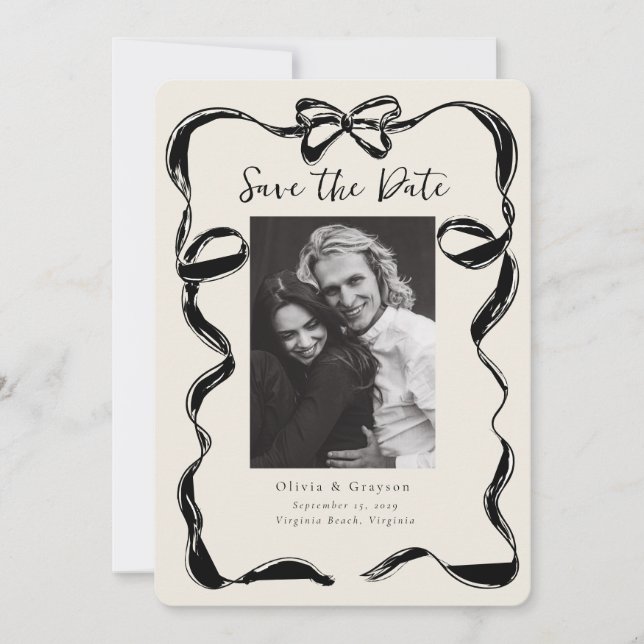Whimsical Black Ivory Foto Bow Save the Date (Vorderseite)