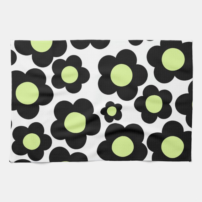 Whimsical Black & Lime Green Floral Retro Cheerfu Geschirrtuch (Horizontal)