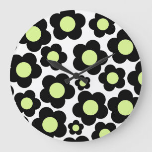 Whimsical Black & Lime Green Floral Retro fröhlich Große Wanduhr