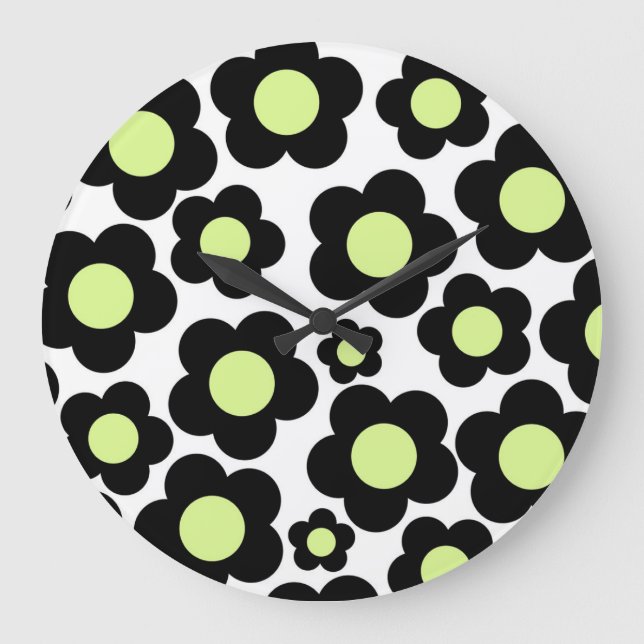 Whimsical Black & Lime Green Floral Retro fröhlich Große Wanduhr (Vorderseite)