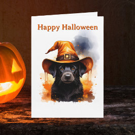Whimsical Black Puppy Orange Witch Hat Halloween Karte