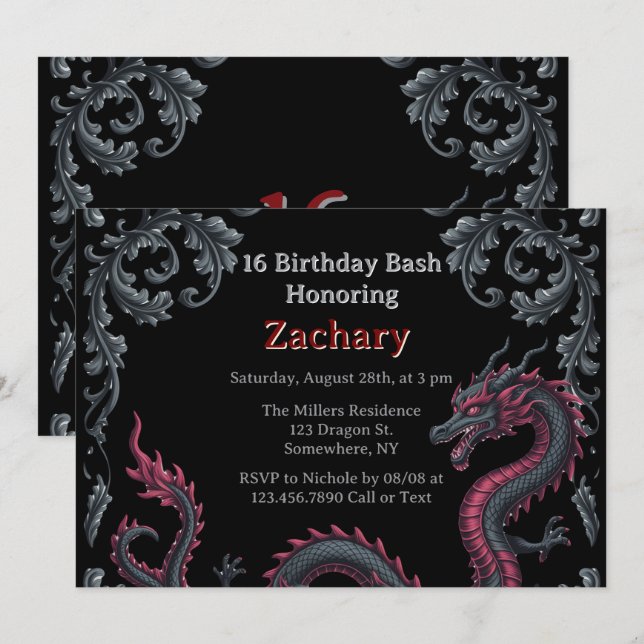 Whimsical Black Red Dragon Damask Sweet 16 Bash Einladung (Vorne/Hinten)