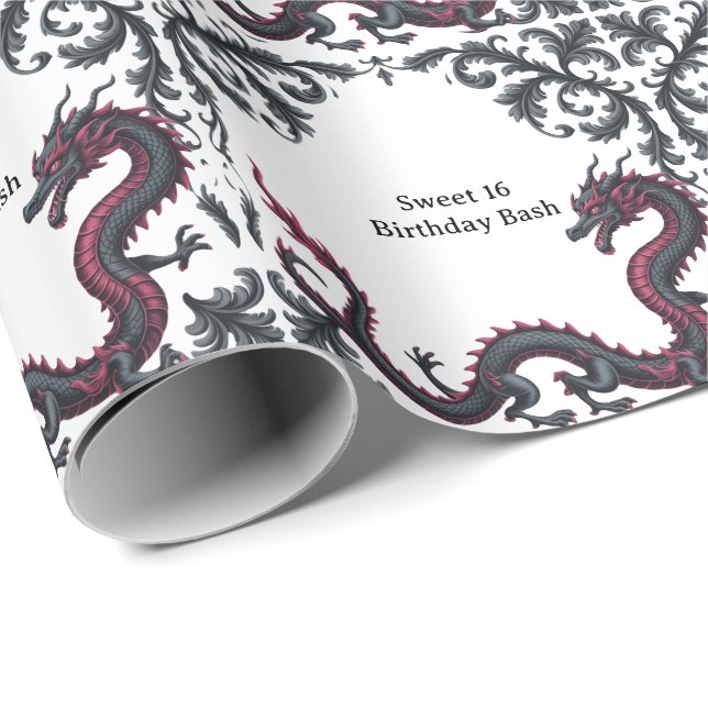 Whimsical Black Red Dragon Damask Sweet 16 Bash Geschenkpapier (Rolleneckpunkt)