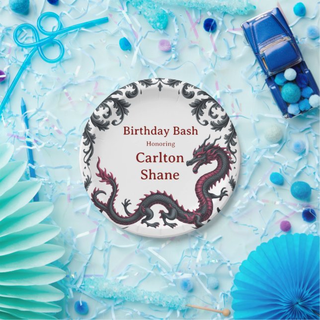 Whimsical Black Red Dragon Damask Sweet 16 Bash Pappteller (Party)