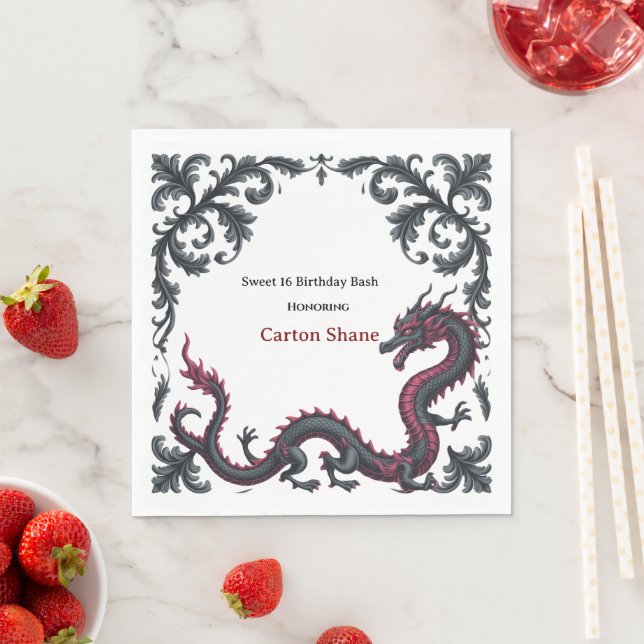 Whimsical Black Red Dragon Damask Sweet 16 Bash Serviette (Beispiel)