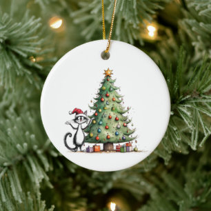 Whimsical Black Tuxedo Katze mit Weihnachtsbaum Keramik Ornament