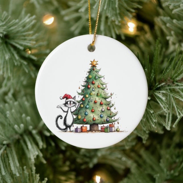 Whimsical Black Tuxedo Katze mit Weihnachtsbaum Keramik Ornament (Baum)