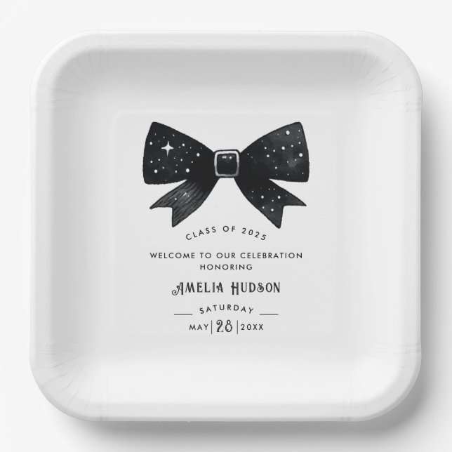 Whimsical Black & White Bow Graduation Party Pappteller (Vorderseite)
