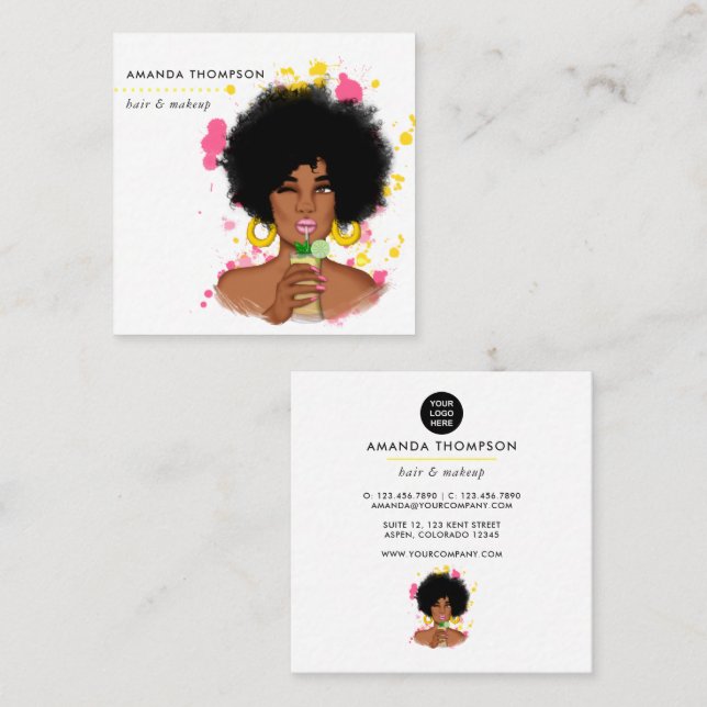 Whimsical Black Woman Square Business Card Quadratische Visitenkarte (Vorne/Hinten)