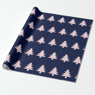 Whimsical Blassrosa Weihnachtsbaumen auf dunkelbla Geschenkpapier