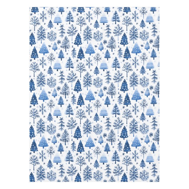 Whimsical Blau und Weiß Winterbaum und Schneeflock Tischdecke (Vorderseite)