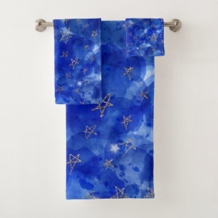 Whimsical Blaue Aquarell Gold Bronze Mond Sterne Badhandtuch Set