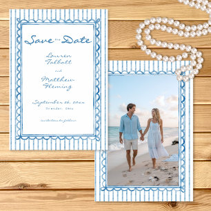 Whimsical Blaue Aquarell-Streifen-Foto-Hochzeit Save The Date