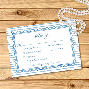 Whimsical Blaue Aquarell-Streifen-Hochzeit RSVP Karte