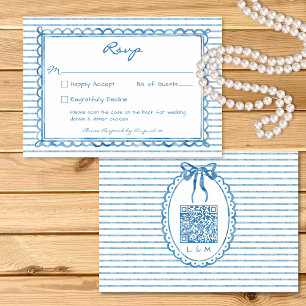 Whimsical Blaue Aquarell-Streifen Hochzeits-QR RSVP Karte