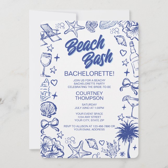 Whimsical blaue handgezeichnete Beach-Bash-Jungges Einladung (Vorderseite)