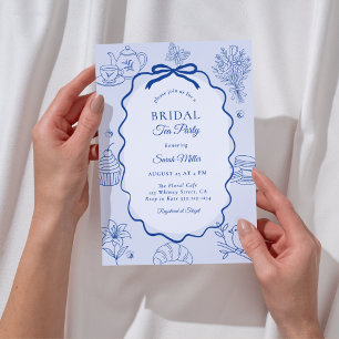 Whimsical Blaue Handgezeichnete Braut- Tea Party-E Einladung