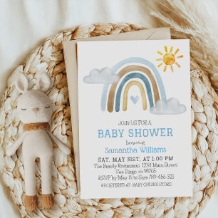 Whimsical Blaue Wasserfarbe Regenbogen-Baby-Party Einladung