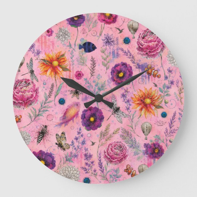 Whimsical Bloom Garten Große Wanduhr (Vorderseite)