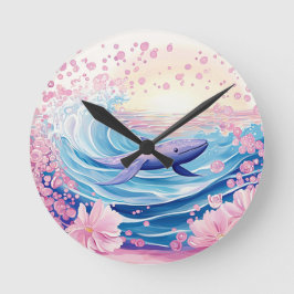 Whimsical Blue and Pink Whale Art Runde Wanduhr