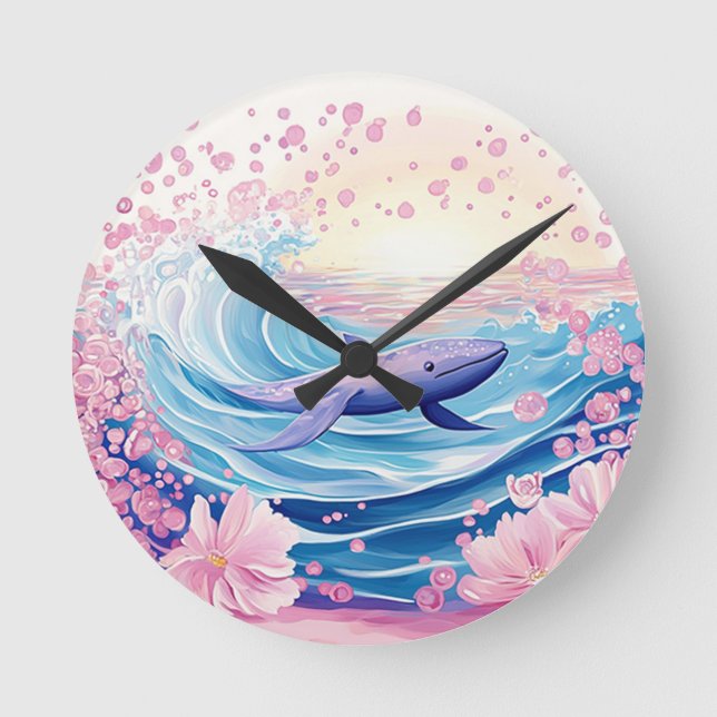 Whimsical Blue and Pink Whale Art Runde Wanduhr (Vorderseite)