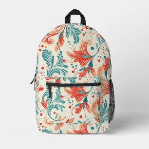 Whimsical Blue and Red Paisley Leaf Muster Bedruckter Rucksack