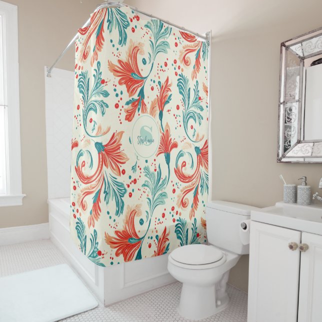 Whimsical Blue and Red Paisley Leaf Muster Duschvorhang (Beispiel)