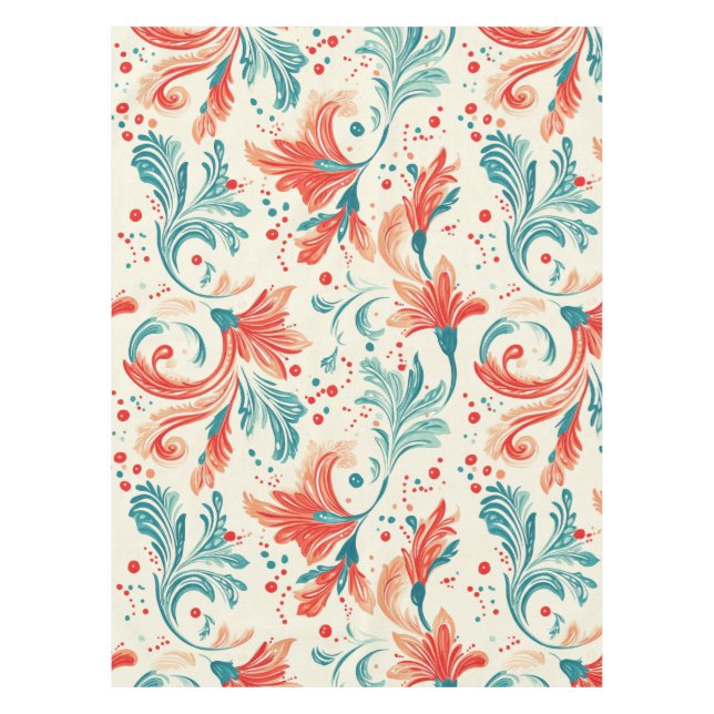 Whimsical Blue and Red Paisley Leaf Muster Tischdecke (Vorderseite)
