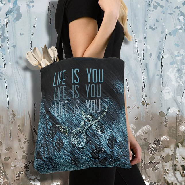Whimsical Blue Black Rose Text (Whimsical Blue Black Rose Text Tote Bag)