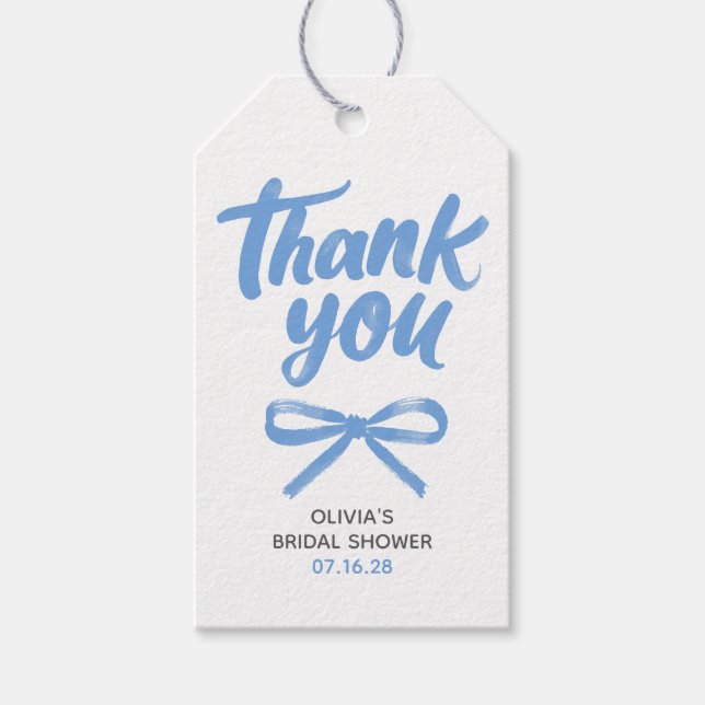 Whimsical Blue Bow Handwritten Bridal Thank You Geschenkanhänger (Vorderseite)