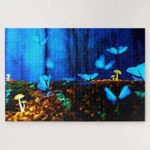 Whimsical Blue Butterfets Mushroom Forest Puzzle