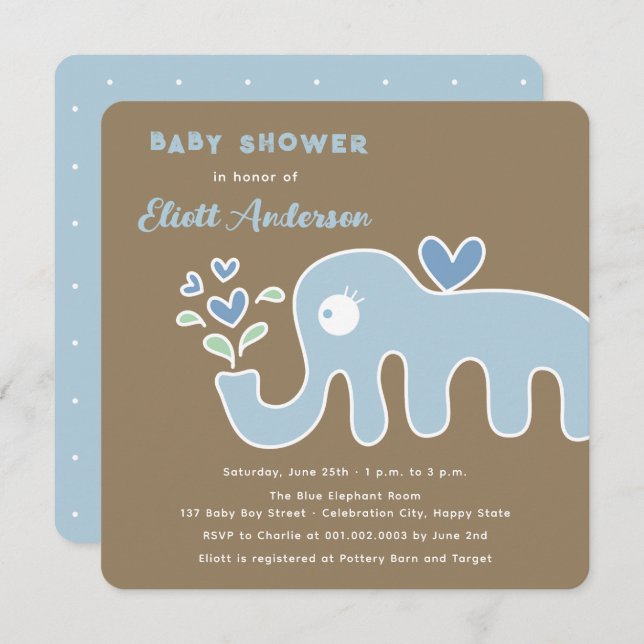 Whimsical Blue Cartoon Elephant Boy Baby Dusche Einladung (Vorne/Hinten)
