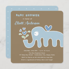 Whimsical Blue Cartoon Elephant Boy Baby Dusche Einladung