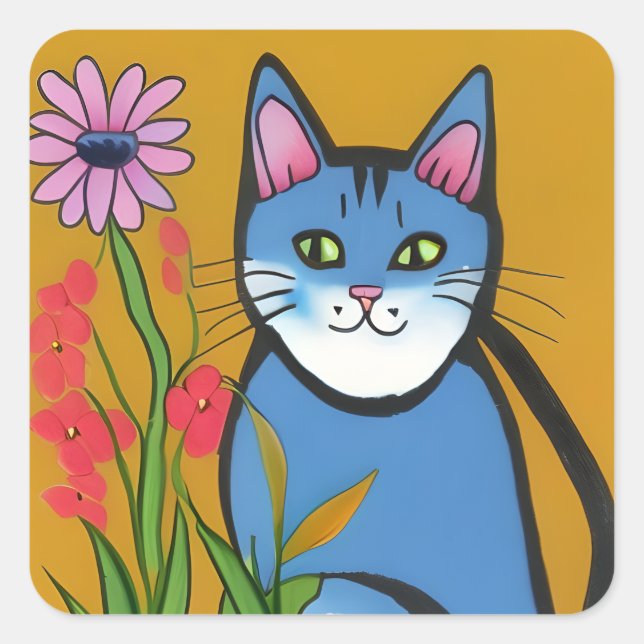 Whimsical Blue Cat mit rosa Blume Folk Art Quadratischer Aufkleber (Vorderseite)