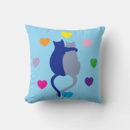 Whimsical Blue Cat Pillow With Rainbow Hearts Kissen