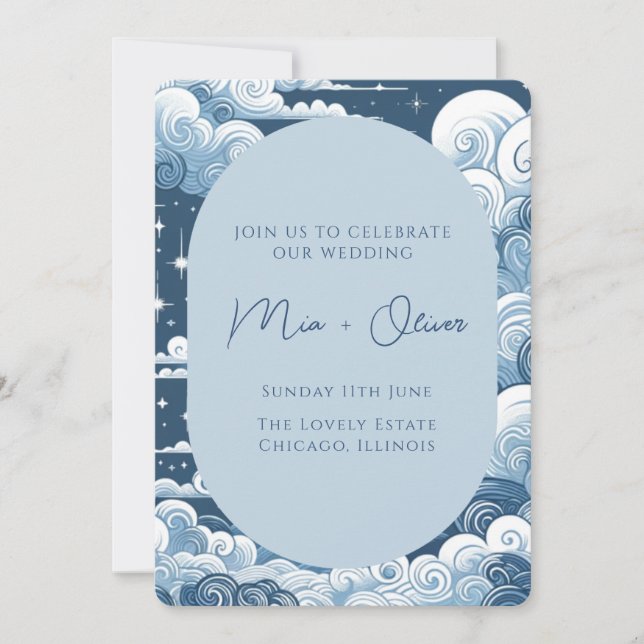 Whimsical Blue Celestial Print Einladung (Vorderseite)