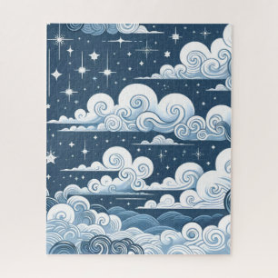Whimsical Blue Celestial Stars und Wolken Puzzle