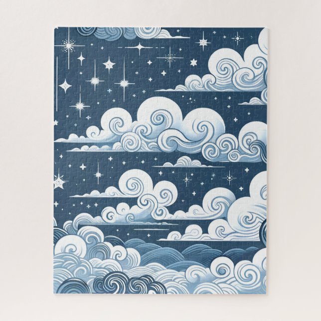 Whimsical Blue Celestial Stars und Wolken Puzzle (Vertikal)