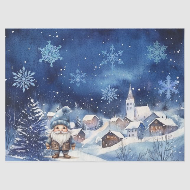 Whimsical Blue Christmas Gnome & Snowflakes Seidenpapier (Vorderseite)