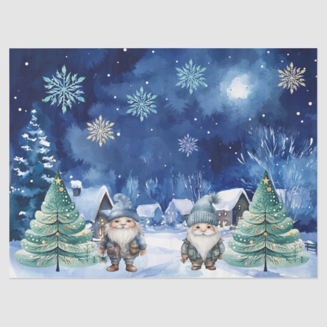 Whimsical Blue Christmas Gnome & Snowflakes Seidenpapier (Vorderseite)