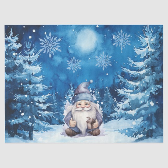 Whimsical Blue Christmas Gnome & Snowflakes Seidenpapier (Vorderseite)