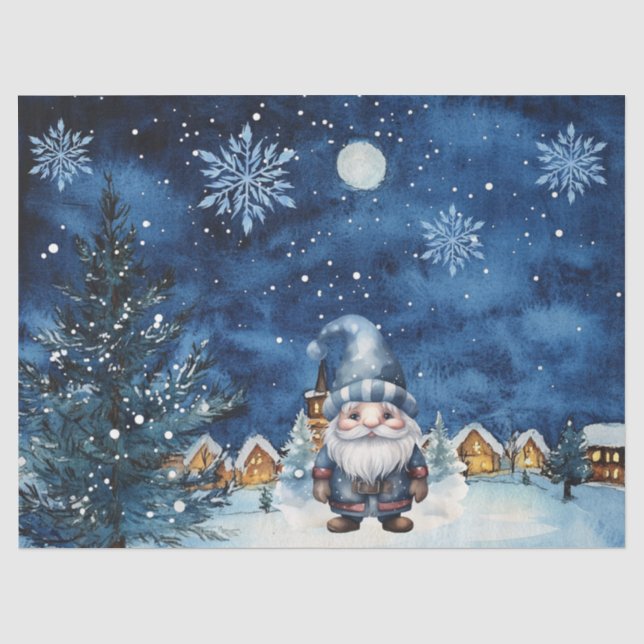 Whimsical Blue Christmas Gnome & Snowflakes Seidenpapier (Vorderseite)