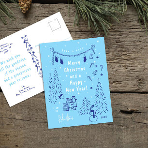 Whimsical Blue Christmas Scene Postcard Feiertagspostkarte