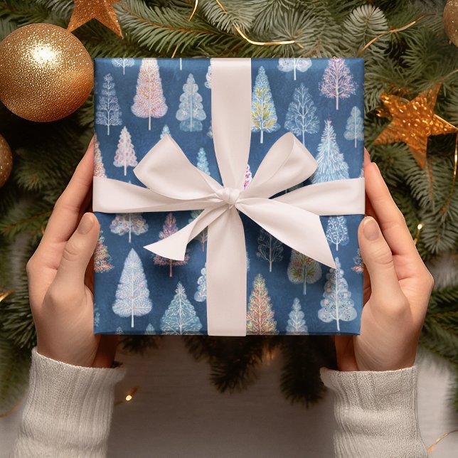 Whimsical Blue Christmas Trees Wrapping Paper  Geschenkpapier (Von Creator hochgeladen)