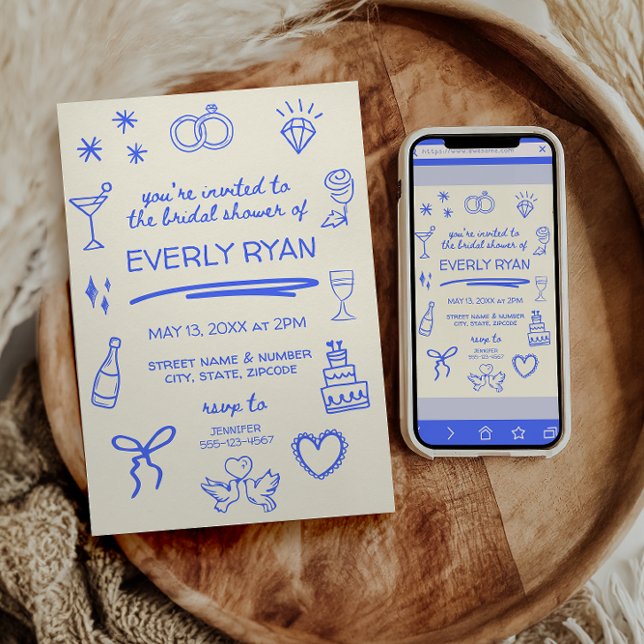 Whimsical Blue Coquette Stylish Bridal Shower Einladung (whimsical hand drawn bridal shower invitations - choose print or digital download)