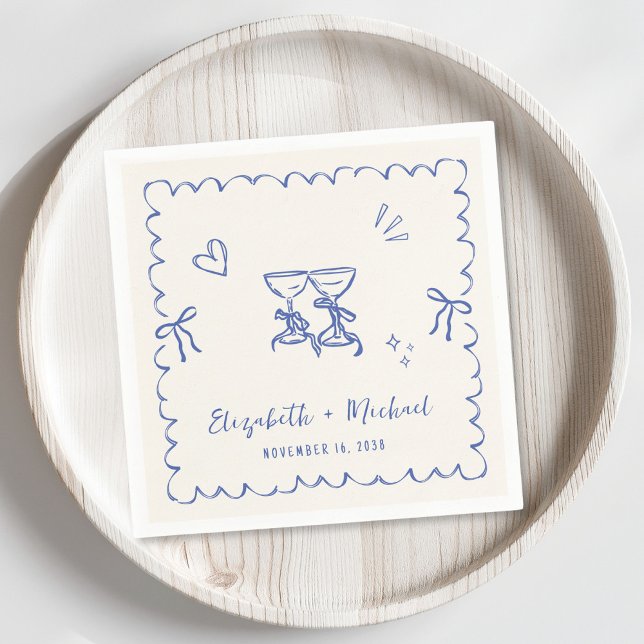 Whimsical Blue Cream Wavy Frame Wedding Serviette (Von Creator hochgeladen)