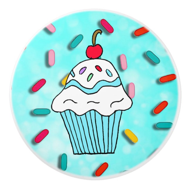 Whimsical Blue Cupcake mit Cherry oben Keramikknauf (Vorderseite)