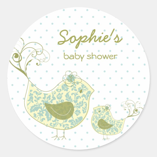 Whimsical Blue Damask Mommy Bird & Boy Baby Dusche Runder Aufkleber (Vorderseite)