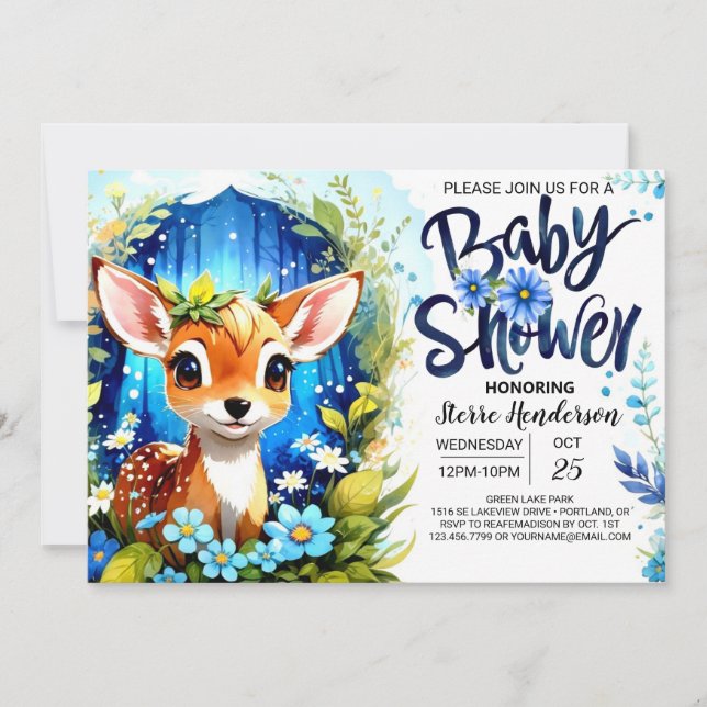 Whimsical Blue Deer Theme Baby Dusche Einladung (Vorderseite)