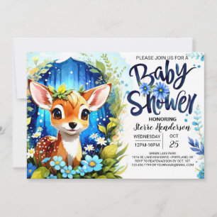 Whimsical Blue Deer Theme Baby Dusche Einladung